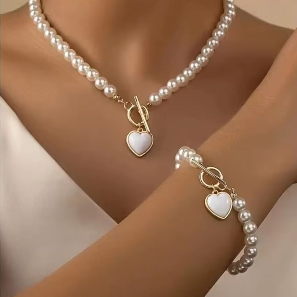 Necklace Set Gold Tone Faux Pearl Heart Charm Bracelet & Necklace